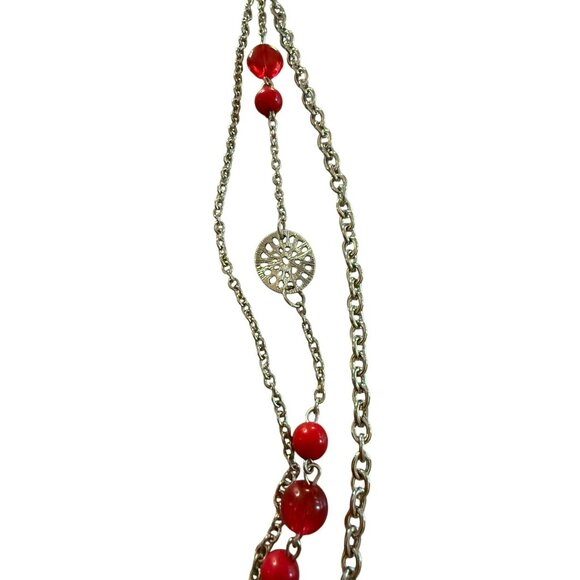 New Paparazzi Red Bead Silver Chain Necklace & Matching Earrings Set For Women - Picture 2 of 4
